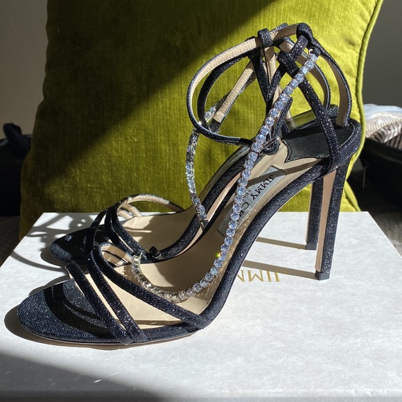 ✨JIMMY CHOO Thaia 100 Strappy High-Heel Crystal Sandals Black Size 39.5 ✨ - Picture 12 of 14